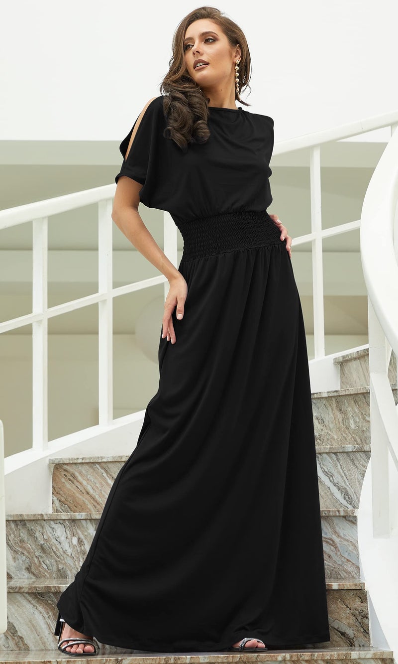 KOH KOH Plus Size Womens Long Flowy Short Sexy Slit Sleeve Casual Summer Modest Full Floor Length Boat Neck Soft Tall Mother Bride Groom Maxi Dress Dresses Gown Gowns, Black 3XL 22-24 - Image 3